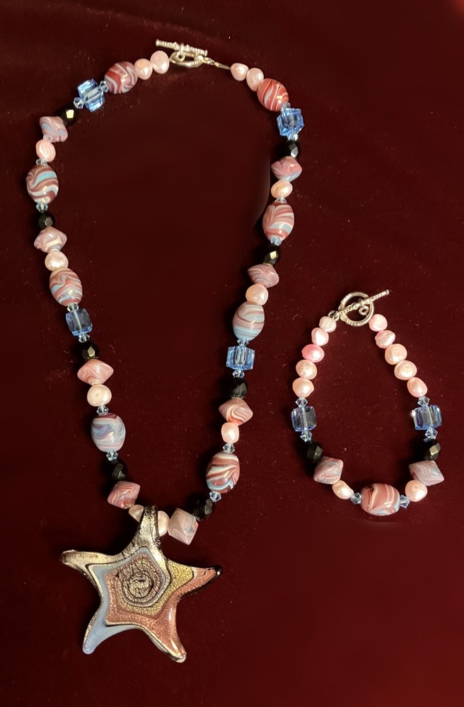 Gold Blue Pink Glass Art Starfish Beaded 8″ Necklace & Matching 7″ Bracelet!