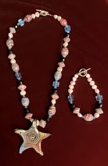 Gold Blue Pink Glass Art Starfish Beaded 8″ Necklace & Matching 7″ Bracelet!