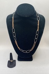 Sterling Silver 925 Jewelry Set Sunflower Ring Size 6.25 Bead Link Necklace 23″