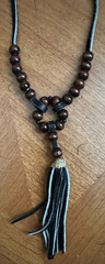 Handmade Boho Necklace Wood Beads Black Leather Cord Tassel Vintage Style 20″