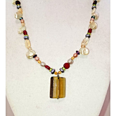 Handmade Citrine Garnet Mother of Pearl Freshwater Beaded Necklace Boho Beach