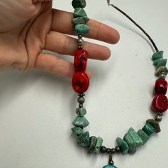 Southwestern Boho Turquoise Stone Pendant Necklace Artisan Leather Cord