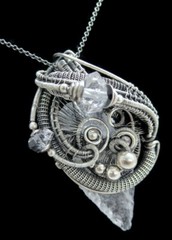 Quartz Arrowhead Pendant, Wire-Wrapped in Sterling Silver with Herkimer Diamonds
