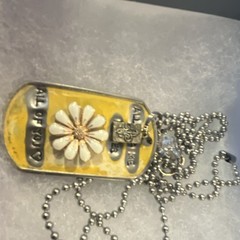 Handcrafted Dog Tag Pendant Necklace Flower Charm Metal Ball Chain Yellow Silver
