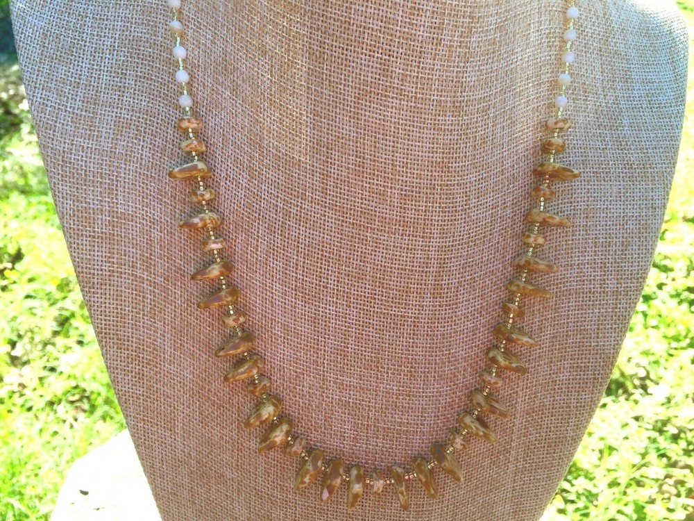 Handmade Necklace Brown Beige Cream Marbled Czech Glass Beads and Gold Spacers