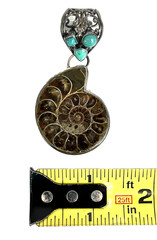 Sterling Silver Ammonite Fossil & Turquoise Gemstone Pendant Inlay New Signd 925