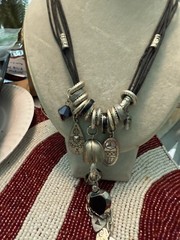 18” SILVER& BRASS TONE BEADED NECKLACE W/ 4” BEADED PENDANT-COSTUME JEWELRY