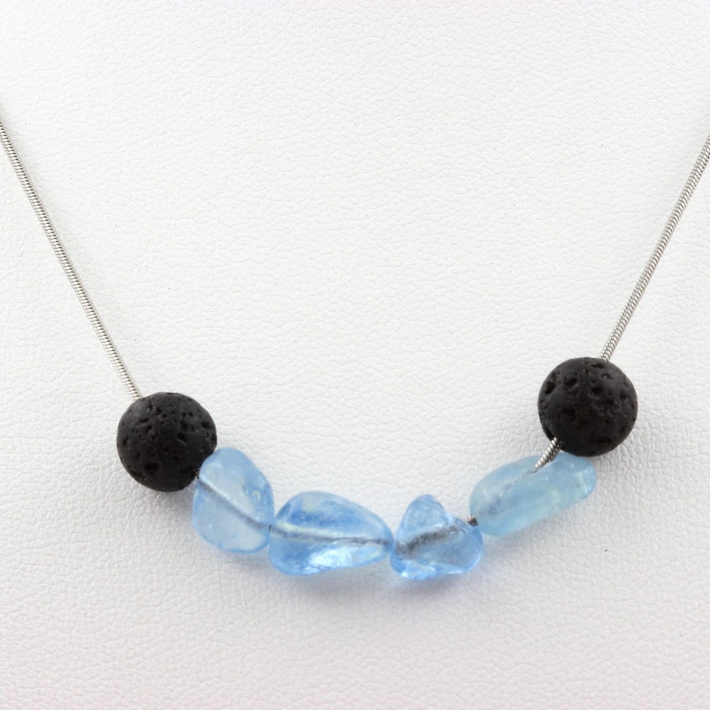 Aquamarine Bead Necklace From Brazil + Lava 8 Mm. Steel Chain Women’s Necklace