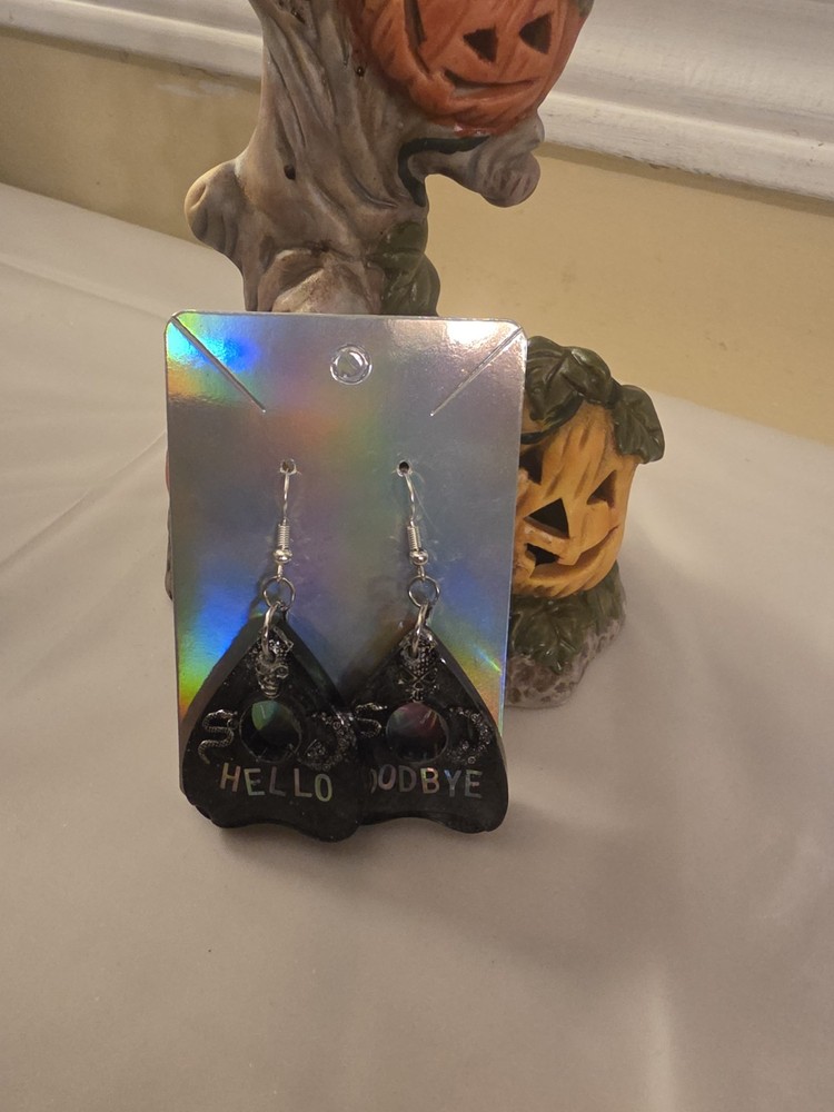 Black Ouija Planchette Resin Handmade Long Dangle Drop Hook Earrings