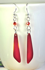 CHERRY RED Cultured sea glass elongated earrings Handmade with Swarovski crystal