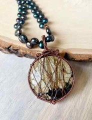 New Handmade Statement Necklace- Wire Wrapped Stone with Black Button Pearls