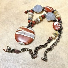 Copper Wire Wrapped Necklace, Vintage Red Jasper & Agate Gemstones – 22″
