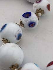 Murano Millefiori White Milk Glass Graduated & Knotted Brass Cap Bead Necklace