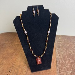Artisan Handmade Red Brown Glass Bead 24 inch Necklace & Earring Set