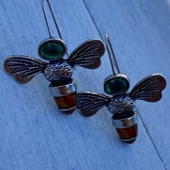 Green And Amber Retro Bohemian Bee & Antique Silver Statement Earrings