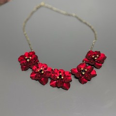 Bold Red Layered Flower Statement Necklace Gold Chain Glam Floral Jewelry