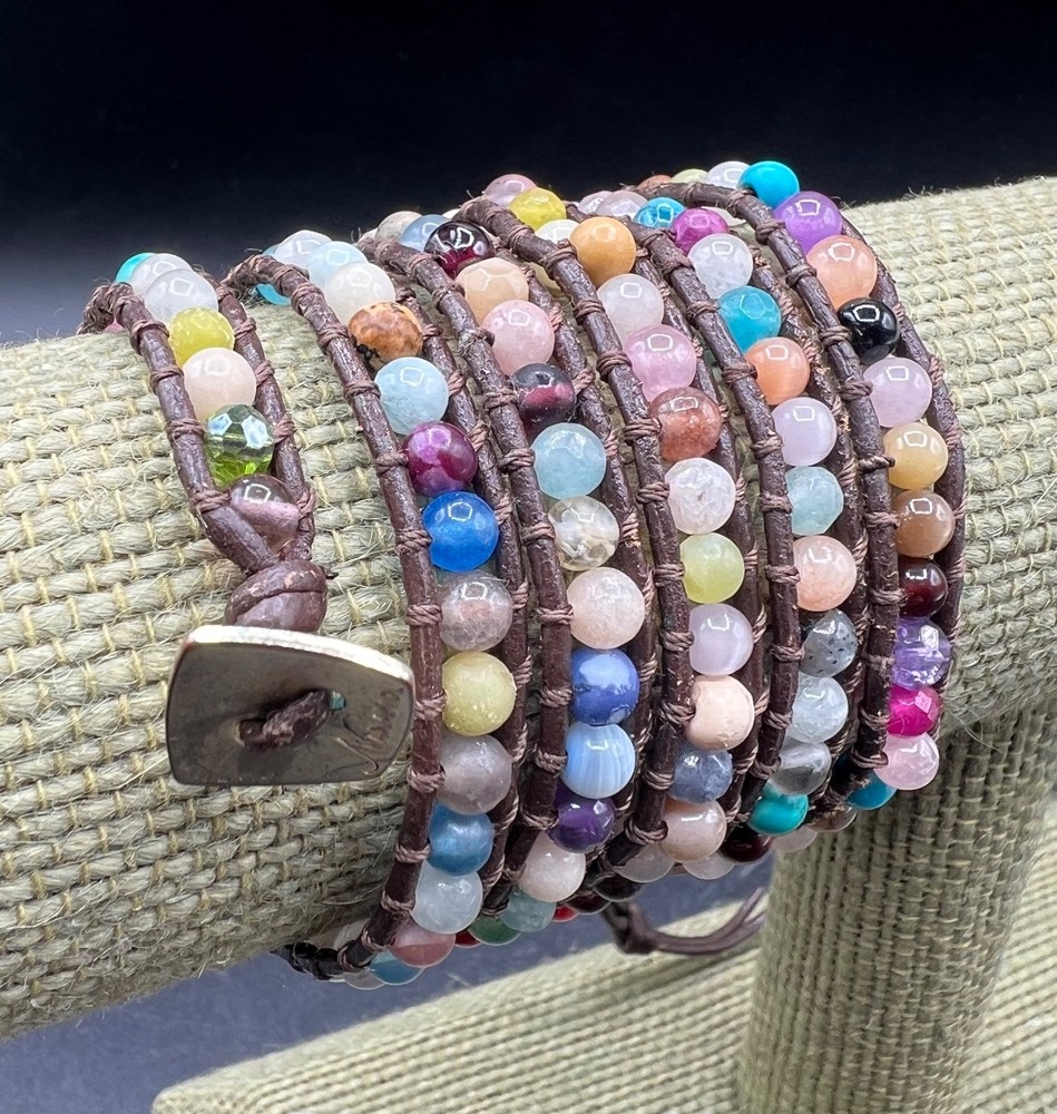 Nakamol Chicago Real Leather Brown Multi-Color Gemstones Bead Wrap Bracelet 34″