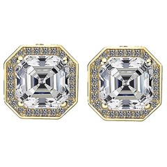 Yellow Gold Plated Silver Asscher Halo CZ Stud Earrings With 14K Gold Post – 7MM