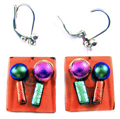 DICHROIC Glass Earrings Red Orange Pink Lollipop Eurowire Lever Dangle 5/8″ 16mm