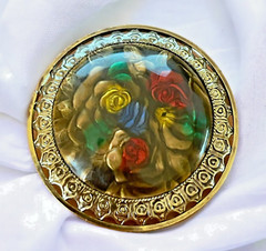 Modern Flower Brooch Vintage Design Hand Painted Roses Pressed Filigree 1.75 in
