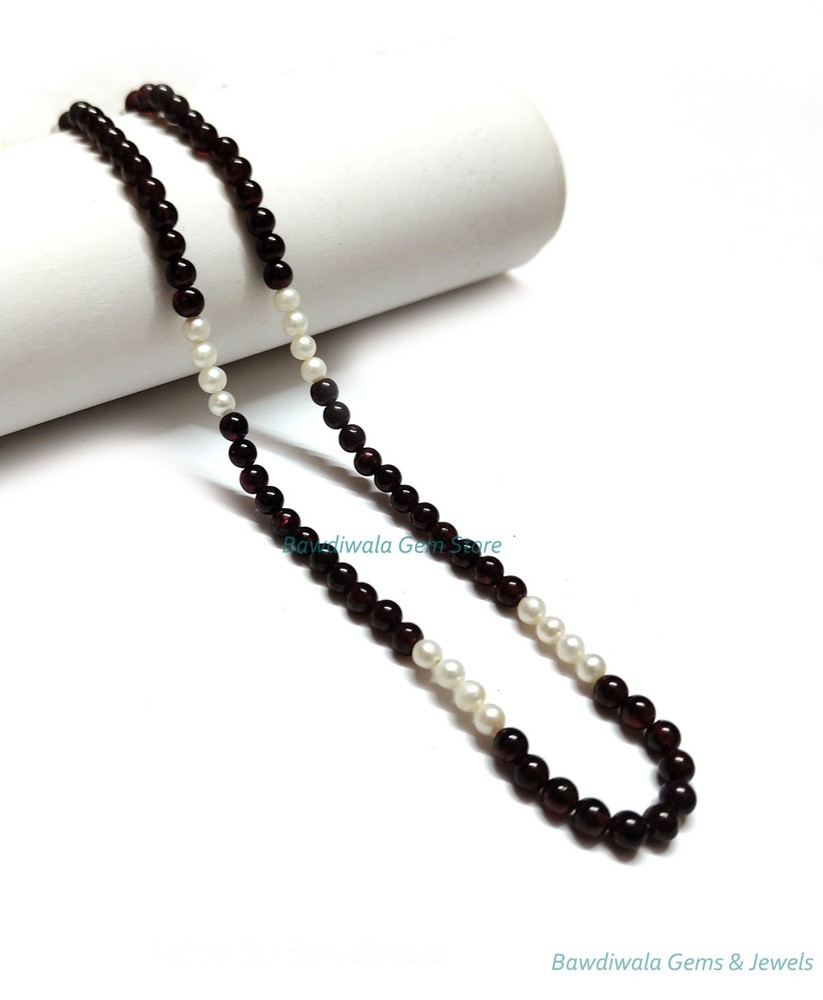 Garnet and Freshwater Pearl Beaded Necklace 16.5 Inch, 4.5-5mm Handmade Jewelry