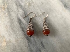 Carnelian in repousse Tibetan Silver, Sterling Silver Plated Hooks Earring 11