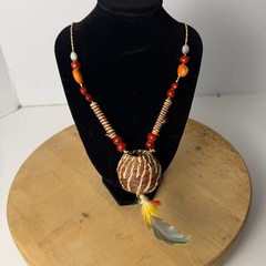 Handwoven Amulet Medicine Basket Necklace Huayruro Seed Indigenous Folk Art 30in