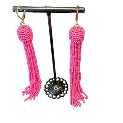 Artisan Made Fuchsia Hot Pink Beaded Hassle Earrings 5” Boho Statement Dangles