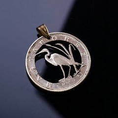 Hungary 5 Forint Crane bird Cut Coin Pendant with Necklace. White heron Budapest
