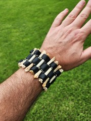 Shaman Cuff Bracelet: Bobcat Bone, Buffalo Bison Leather golden obsidian stones