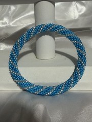 Handcrafted Beaded Bangle Bracelet Blue Silver Glass Stackable Round Women