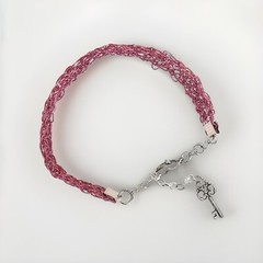 Crochet Dark Pink Wire Wrap Bracelet With Lobster Claw Extender And Key Charm.
