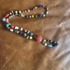Handcrafted Multicolor Mixed Materials Beaded Necklace Carved Red Pendant Boho