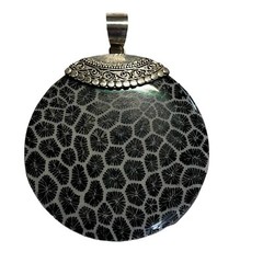 XL Fossilized Round Coral Pendant w Ornate 925 Sterling Silver Bail 58mm x 45mm