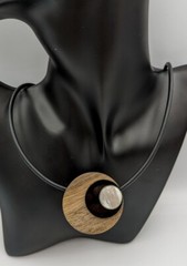 Modernist Artist Made Wood Mother Of Pearl Vinyl Cord Necklace Magnetic Clasp