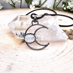 1.25 in x 1.25 in, Antique Silver Toned Quartz Crescent Moon Pendant Necklace