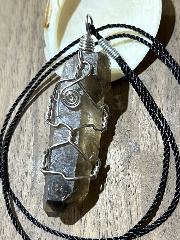 Smoky Quartz Crystal Wire Wrap Necklace, Unique Large Smoky Quartz