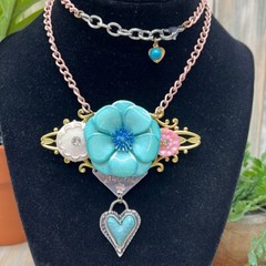 Adorned Crown Jewelry assemblage BLOOM enamel flower heart necklace