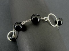 Bracelet Silver Black Beads with Circle Design Sterling Silver 925 Link