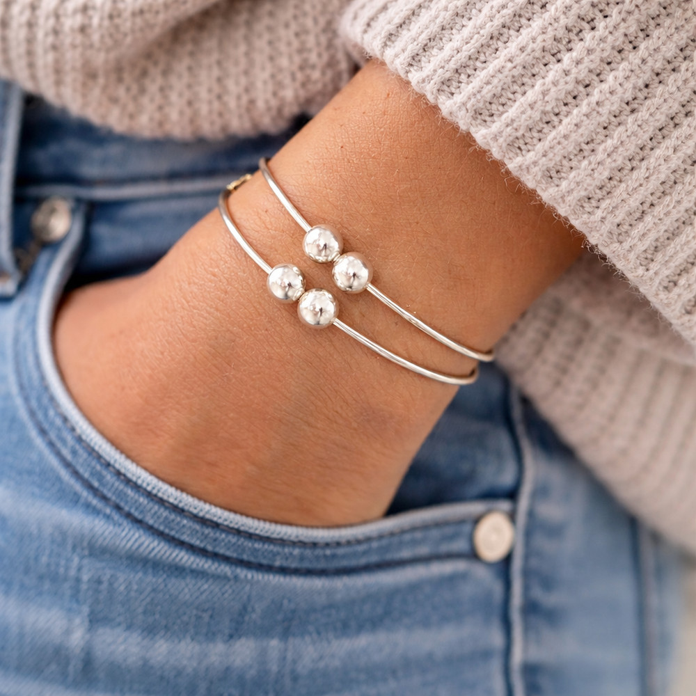 Bracelet Bangles Pair 925 Sterling Silver 6″ Sliding Ball Beads Handcrafted