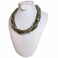 PREMIER DESIGNS Gray + Green? 9 Strands Beaded Statement Matte Silver Necklace