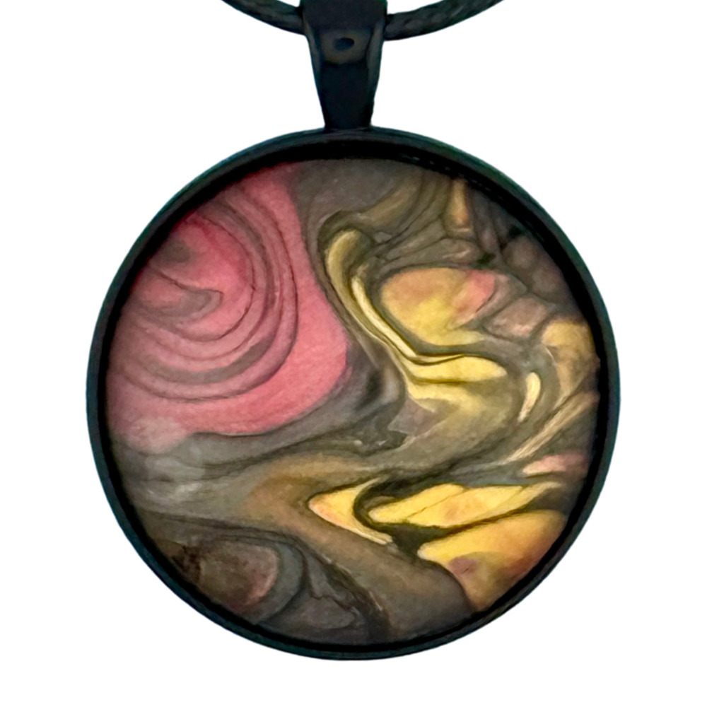 Pendant Necklace Handmade «Desert Sun» Black Bezel & Tray 30mm Black Cord