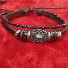 Braided Leather Bracelet with Turquoise Oval Charm, Metal Accents, Adjustable