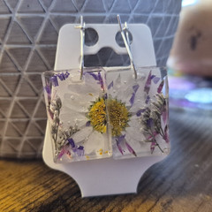 Handcrafted Clear Resin Rectangle Dried Flower Dangle Earrings, Hook