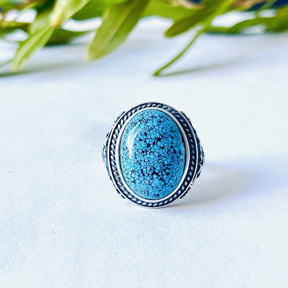 Natural Gemstone Spiderweb Turquoise Ring Handmade Men’s Valuable Unique Jewelry