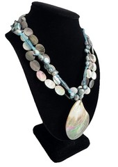 Artisan Blue Glass, Pearl, Shell Bead 3-Strand Pendant Toggle Necklace 17″