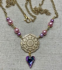 Vintage style Necklace-Faux Pearl Beads,Pink & Purple,Gold Tone,28”, Glass Heart
