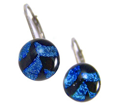 DICHROIC Glass Earrings Blue Cobalt Black Chevron Eurowire Lever Dangle 1/4″ 7mm