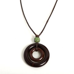 Handmade Wooden Circle Pendant Necklace Boho Ceramic Jewelry Adjustable Cord New