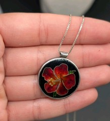 Cloisonne Enamel Sterling Silver Hawaii Hibiscus Flower Signed Pendant Necklace